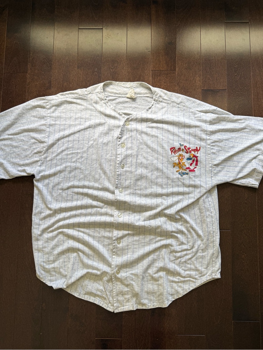Vintage Ren & Stimpy 90’s Pin Stripe Button Up Cartoon Jersey Shirt Nickelodeon
